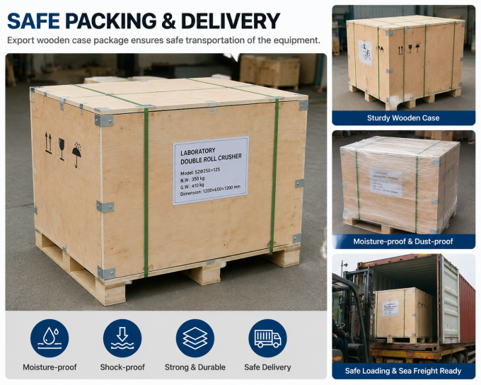 SZΦ250 Laboratory Double Roll Crusher packaging in export wooden case with protective materials